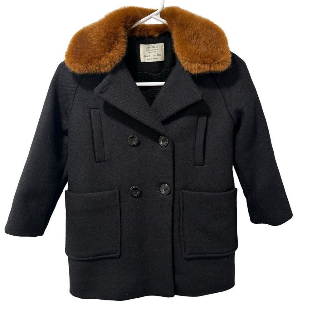 Zara Girls Wool Blend Pea Coat With Faux Fur Collar